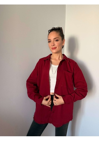 Ali Butik Bordo Püskül Detaylı Keten Gömlek Bordo