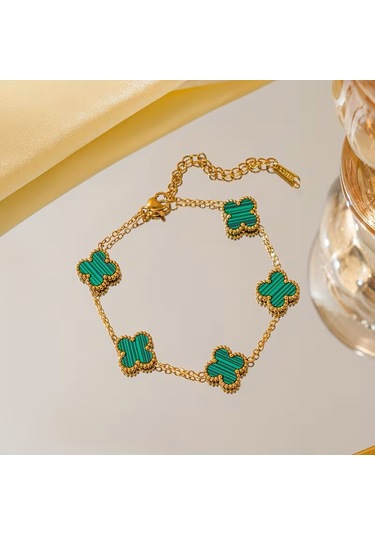 Çelik Bileklik Dört Yapraklı Küçük Yonca Yeşil Çizgili Sedef Taşlı Uzunluk 18 Cm Gold Altın - Gold