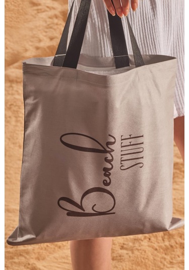 Beach Stuff Desen Baskılı Plaj Çantası Bej