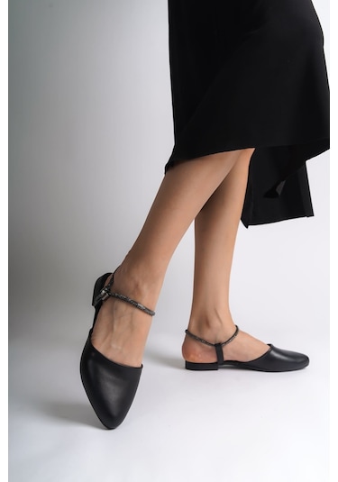 Arıana Lastikli Ortopedik Rahat Taban Bilekten Taş Detaylı Kadın Babet Ayakkabı Cst - Siyah Siyah