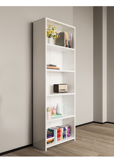Alpa Ev Mobilya 5 Raflı Kitaplık, Modern Çok Amaçlı Ahşap Ofis, Salon Ve Mutfak Raf Dolabı Beyaz