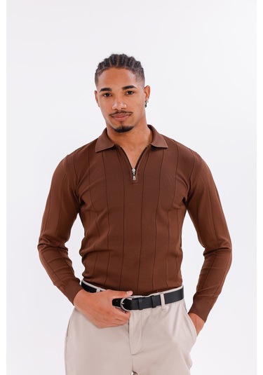 Monox Erkek Yarım Fermuarlı Polo Yaka Triko Kazak Kahverengi