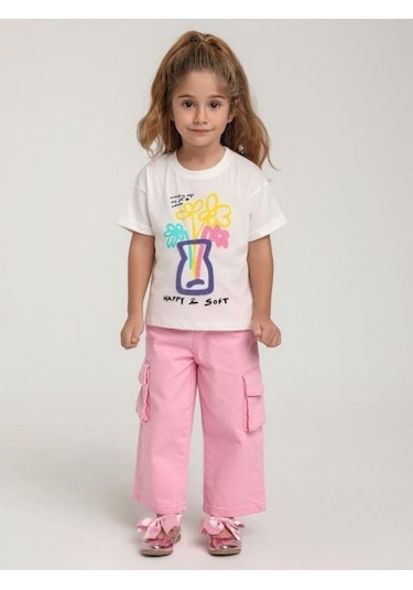 Escabel Kız Çocuk Pamuklu Punch İşlemeli T-shirt-15665 Çok Renkli