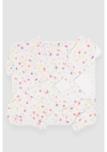 Baskılı Tavşan Desenli 10 Parça Kutulu Hastane Çıkışı Seti Ekru