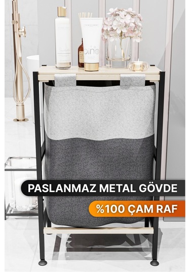 Bino Ahşap Raflı Keten Kumaşlı Banyo Düzenleyici Çamaşır Sepeti Siyah