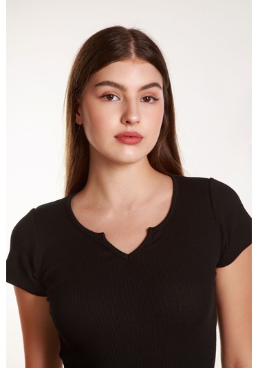 Kadın Basic Fitilli Likralı V Yaka Kollu Tshirt Atlet Bluz Siyah