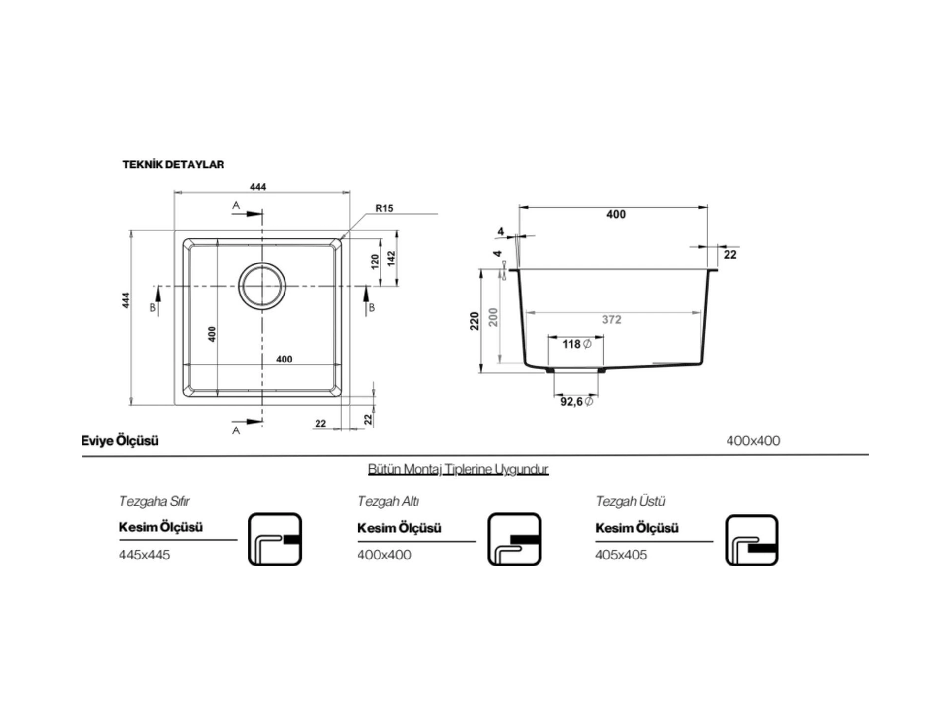 Real Stone Steep 40x40 Krem Granit Mutfak Eviyesi Krem