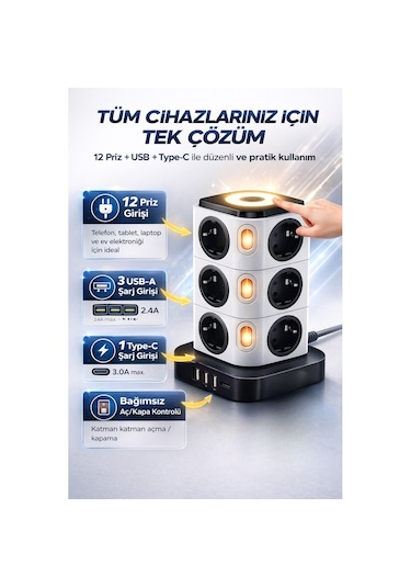 12 Li Kule Tipi Çoklu Priz 3 Usb 1 Type-c Gece Lambalı 3680w Bağımsız Anahtarlı 1 - 3 M