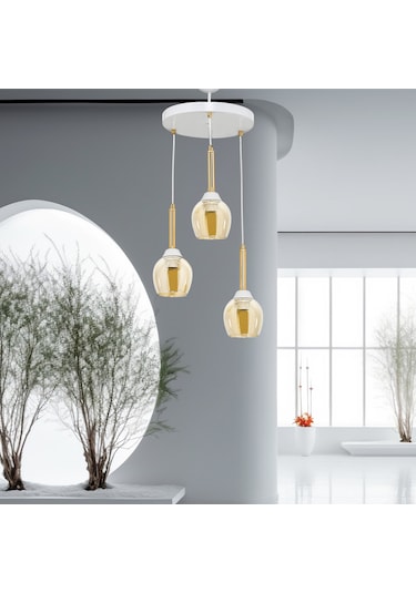 Üçlü Mandarin Sarkıt Avize Bal Rengi Camlı Gold Borulu Beyaz - Altın - Bal