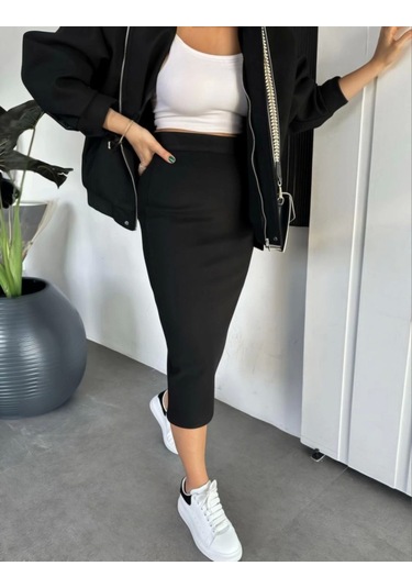 Ryse Mevsim Kaşe Fermuarlı Ceket Etek Takım Kaşmir Ceket Etekli İkili Takım Kaşe Bomber Ceket-etek Takım Siyah