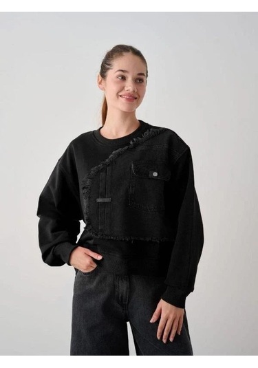 Kız Çocuk Mevsimlik Önü Denim Garni Cepli 3 İplik Sweatshirt-14773 Siyah