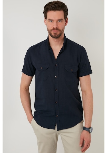 Buratti Düğmeli Yaka Pamuklu Slim Fit Cepli Erkek Gömlek Cf21S111153 Lacivert