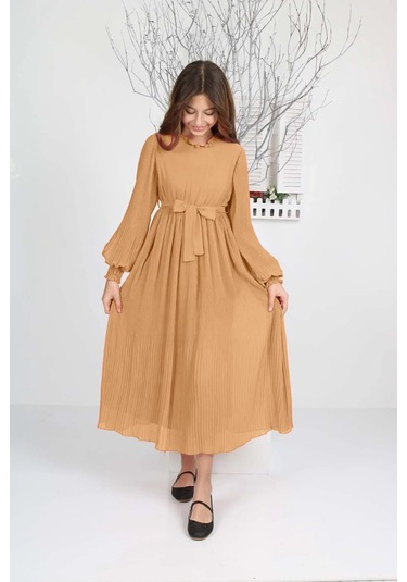Kız Çocuk Uzun Boydan Pliseli Şifon Elbise Açık Kahve