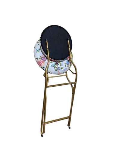 Katlanabilir Beyaz Gül Ve Kuş Desenli Gold Metal Sandalye Altın