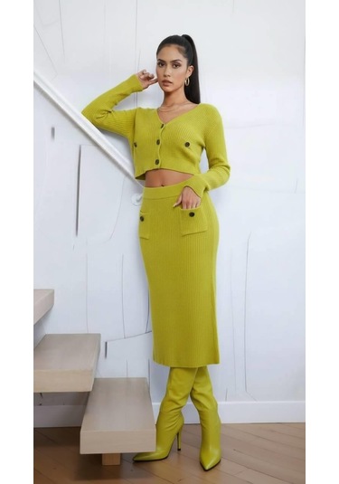 Miss Poem Kadın Yağ Yeşili Hırka Etek Alt Üst İkili Takım Yağ Yeşili