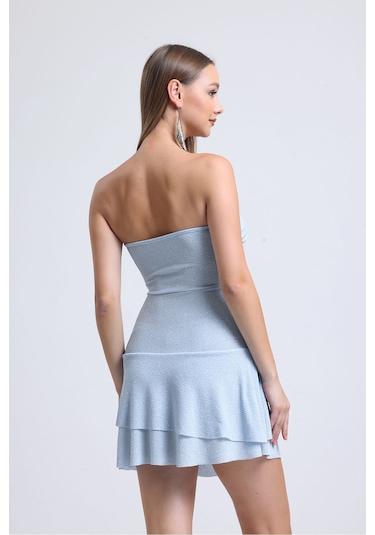 Buz Mavisi Önden Halkalı Bel Kısmı Açık Cift Kat Kloş Etekli Party Elbisesi Buz Mavisi