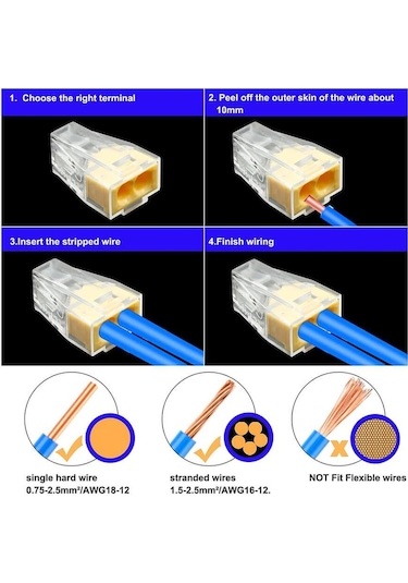 Koodmax 100 Adet Pct-102 2 Pinli İtmeli Hızlı Kolay Kablo Tel Birleştirici Konnektör Vidasız Klemens
