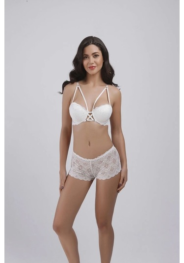 Büşra Balenli Destekli Şortlu Sütyen Takım Ekru