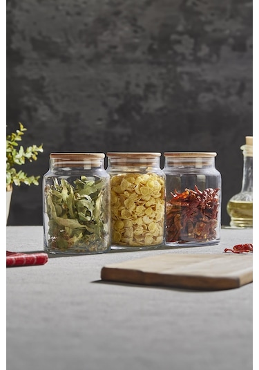 Selka Home 3'lü 890 Ml Sade Ahşap Kapaklı Cam Kavanoz