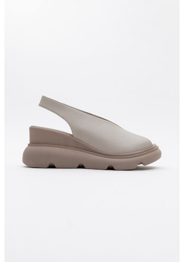 Sam Taş Cilt Hakiki Deri Kadın Dolgu Topuk Sandalet Taş Rengi Taş