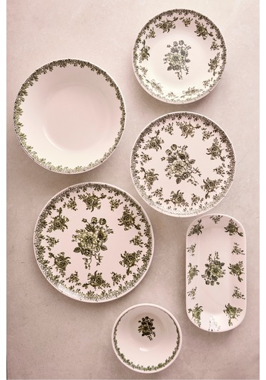 Antik Yeşil 27 Parça 6 Kişilik Seramik Yemek Takımı Vintage Çiçek Desenli Yuvarlak Servis Seti Yesıl Yeşil