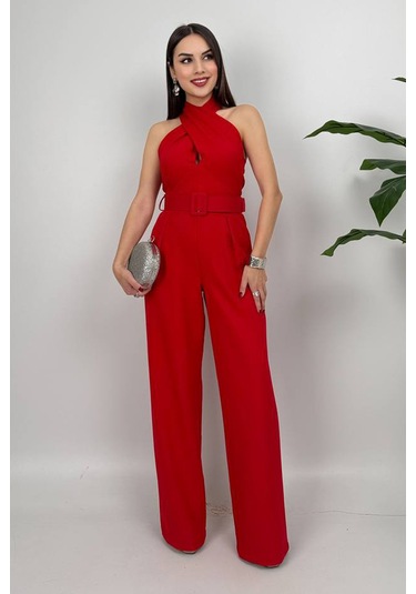 Amber Kadın Kemer Detaylı Askılı Bol Paça Kırmızı Tulum Rahat Şık Yazlık Kombin Kırmızı