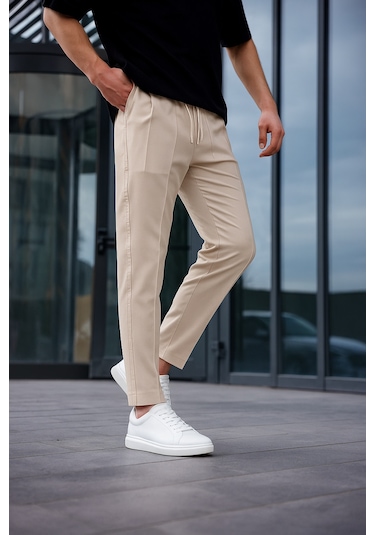 Erkek Vizon Renk Esnek Likralı Fermuar Detaylı Jogger Pantolon-1805 Vizon