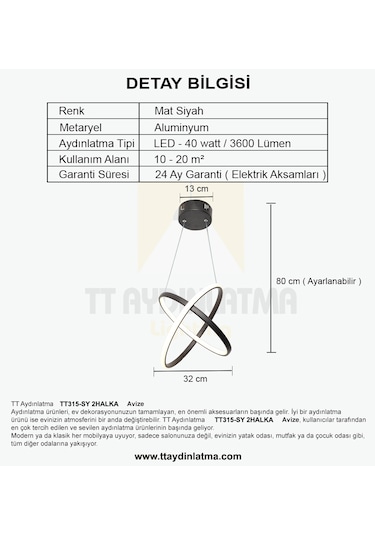 Tt315-Sy Tt Aydınlatma 2Halka Modeli Mat Siyah Led Avize