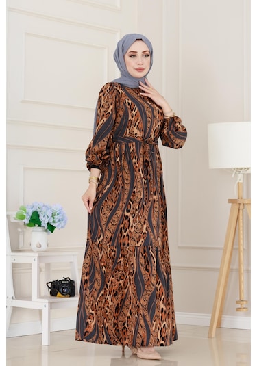 Sevitli Leopar Desenli Beli Tünelli Viscon Elbise-gri-5090 Gri