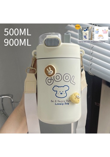 Velvettides Termos Bardak Kız Pipet Taşınabilir Kahve Fincanı Yeni 2023 Yaz Soğuk Çocuk Sevimli Bardak 1 L