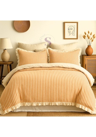 Turuncu-bej % 100 Pamuk Fırfır İplik Boyalı Çift Kişilik Nevresim Takımı,modern Çizgili Nevresım Set Karışık Turuncu