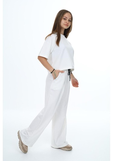 Kız Çocuk %100 Pamuk Oversize Yarım Kol Alt-üst Eşofman Takım-eşt-0012 Beyaz