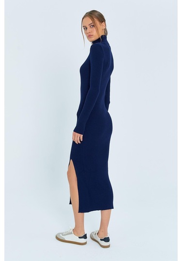 6889 Kadın Balıkçı Yırtmaçlı Uzun Triko Elbise Lacivert Lacivert