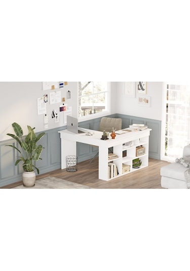 Corner Kitaplık Raflı Çalışma Masası Çam-antrasit Cor5-w Beyaz
