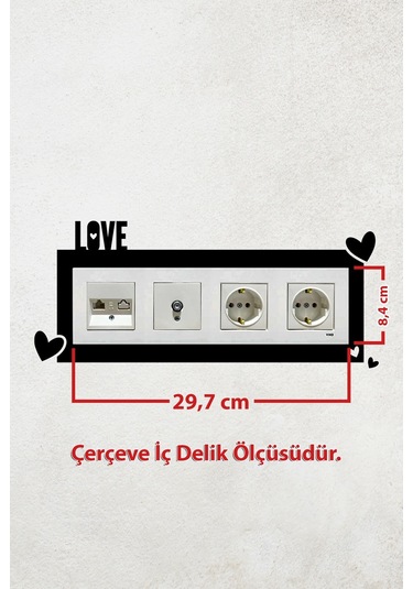 Love Yazılı Kalp Tasarım 4lü Priz Çerçevesi İç Ölçü 29,7x8,4 Cm Dörtlü Çerçeve Siyah