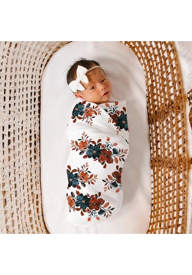 Sones Yeni Doğan Bebek Üç Parçalı Kundak Atkı Şapka Kafa Bandı Çiçek-4 Çok Renkli