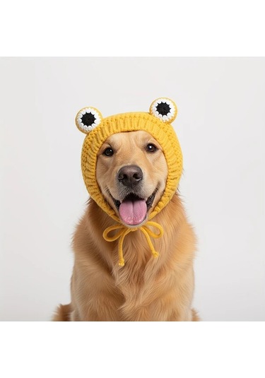 Elmpaly Sarı Renkli Rahat Örgü Evcil Hayvan Şapkası: Büyük Gözlü Kurbağa Desenli, Ayarlanabilir, Kışlık Sessiz Kulak Koruma