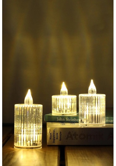 3lü Kristal Desenli Led Mum Seti Pilli Dumansız Alevli Ledli Dekoratif Yapay Mum Beyaz