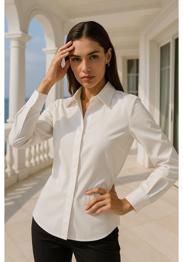 Kadın Ekru Gizli Düğme Detaylı Slim Fit Trend Krep Gömlek Çok Renkli