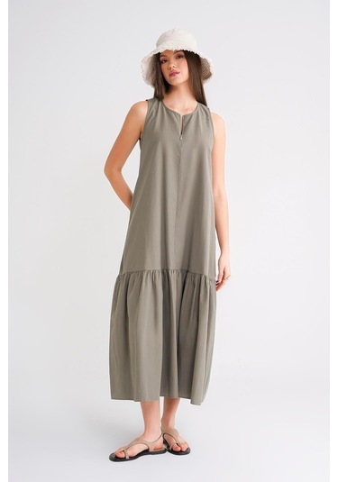 4695 Kadın Eteği Pileli Fermuar Detaylı Uzun Paraşüt Elbise Haki Haki