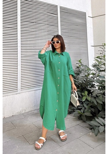 Kadın Yeşil Muslin Kumaş, Yarasa Kol, Eteği Oval, Çift Cepli, Uzun Oversize Salaş Gömlek Elbise Yeşil