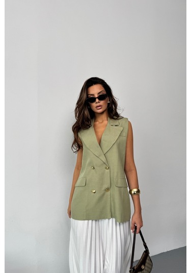 Modasize Gold Düğmeli Keten Yelek - Yeşil Yeşil