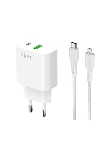 Bolt Duo 20W Usb-A Ve Type-C Çift Portlu Hızlı Şarj Aleti Lightning Kablo Ve Adaptör Seti Beyaz