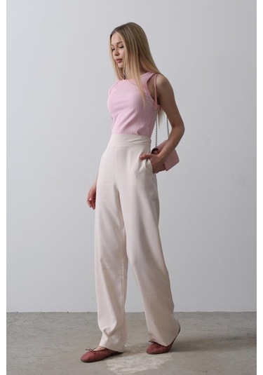 Ge Ticaret Beli Yarım Lastikli Palazzo Pantolon - Pudra Pudra