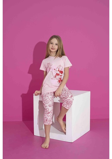 Kız Çocuk Yazlık Kapri Pijama Takımı Penye Likralı 3042pe Pembe