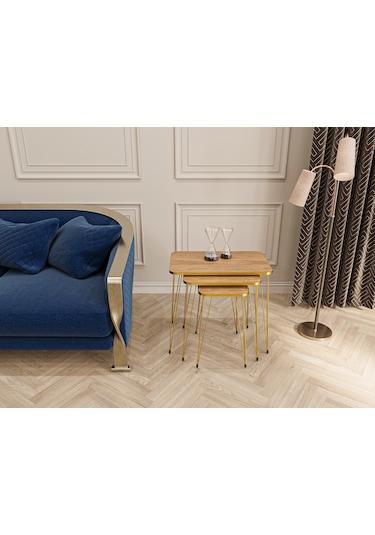 Zigon Sehpa 3'lü Dikdörtgen Gold Tel Ayaklı Ceviz