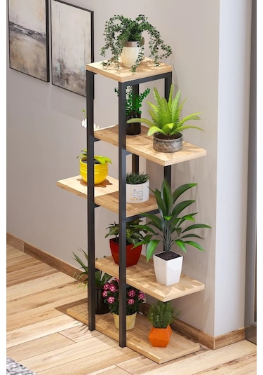 Modern Tasarımlı 5 Raflı Saksılık Metal Çiçek Rafı Çiçeklik Atlantik Çam