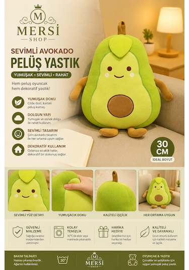 Sevimli Avokado Peluş Yastık Dekoratif Oyuncak Yastık 30 Cm Açık Yeşil