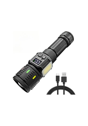 Geeksen 20w Usb Type-c Şarjlı 2000lm Led Feneri, 500m Menzil, Çift Işık Kaynağı Beyaz Lazer+cob , Teleskopik Yakınlaştırma, 9 Seviye Parlaklık, Alüminyum, 26650 Pil Siyah