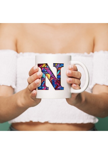 N Harfi Bardak 330 Ml İsme/harfe Özel Hediye, Renkli Harf Tasarım Beyaz